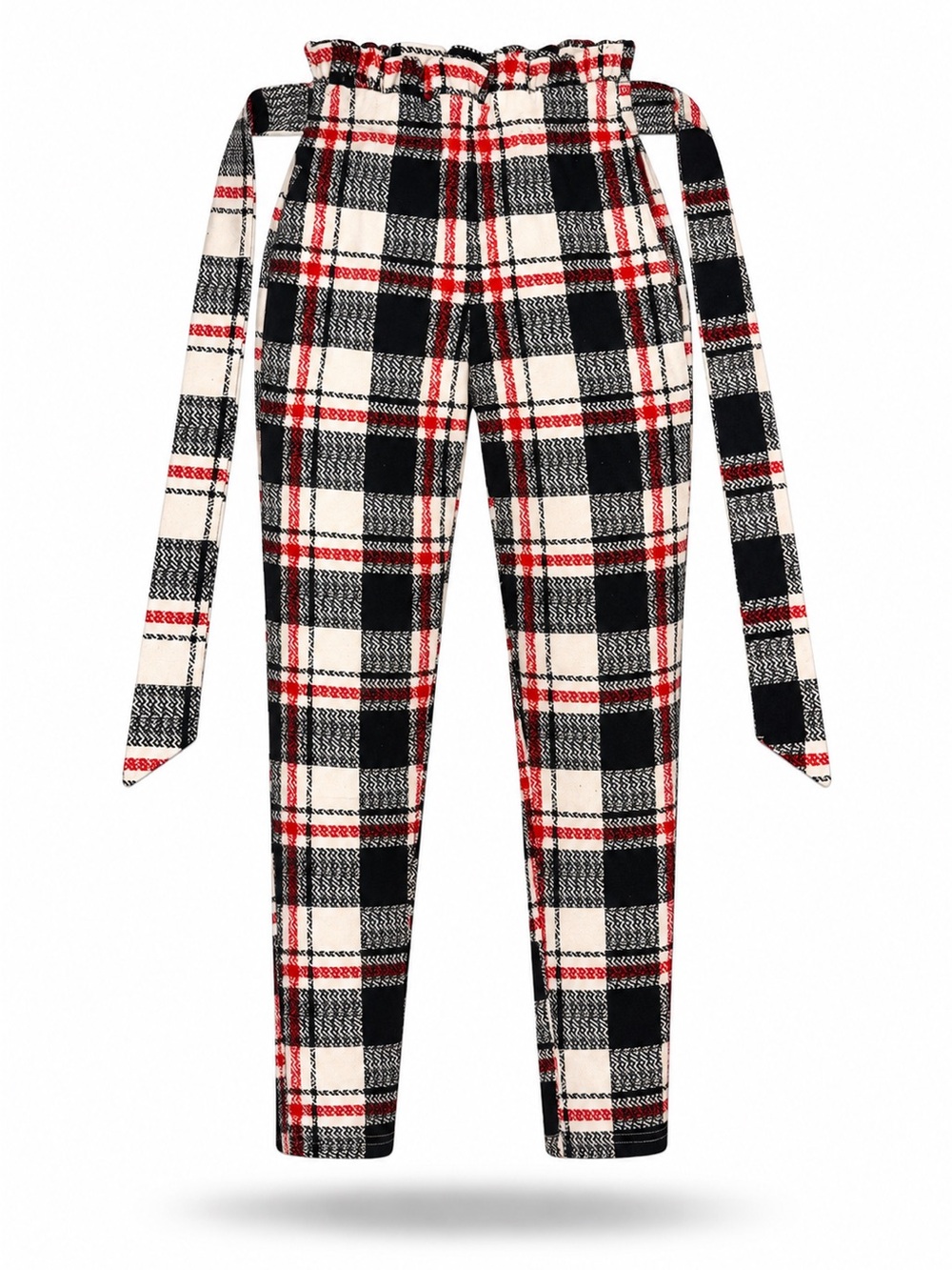 High-Waist Plaid Paperbag Trousers with Self Tie - Black/Red/Cream
